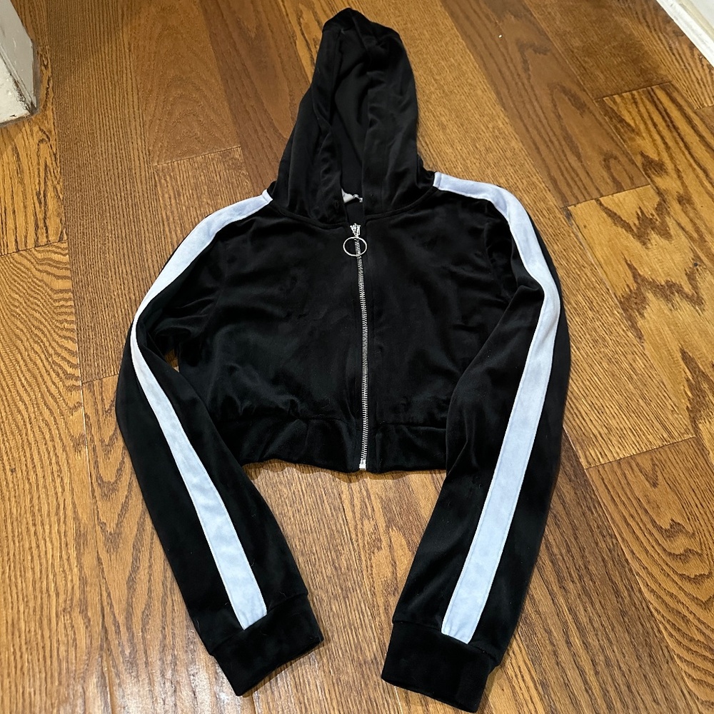 Forever 21 Y2K 2000s Black Velvet Cropped Zip Up Hoodie Women Size S